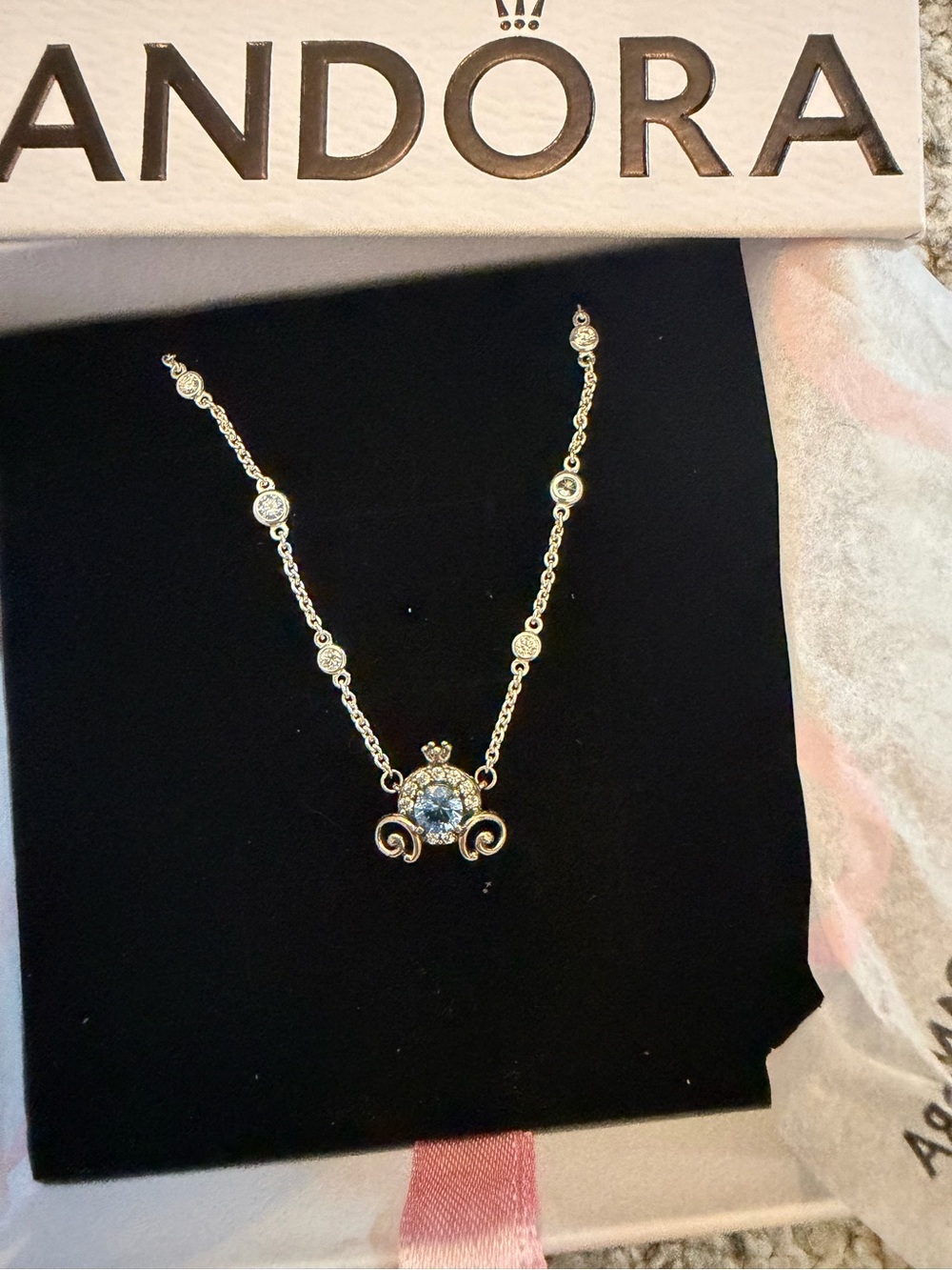 Pandora Silver Blue Crystal Cinderella’s Carriage Pendant Necklace- Never Worn